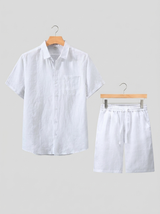 Men's White Linen Short Sleeve Shirt and Shorts Set