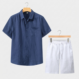 Men's White and Navy Linen Short Sleeve Set