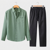 Men's Linen Long Sleeve Shirt and Pants Set - Button-Up