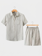 Men's Beige Linen Short Sleeve Shirt and Shorts Set