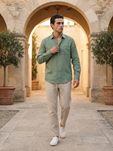 Men's Green and White Linen Long Sleeve Set