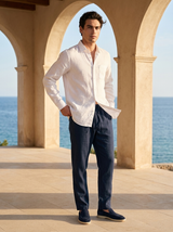 Men's White and Navy Linen Long Sleeve Set
