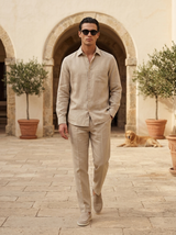 Men's Beige Linen Long Sleeve Shirt and Pants Set