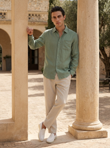 Men's Green and White Linen Long Sleeve Set