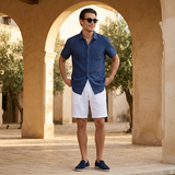 Men's White and Navy Linen Short Sleeve Set