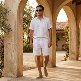 Men's White Linen Short Sleeve Shirt and Shorts Set