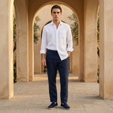Men's White and Navy Linen Long Sleeve Set