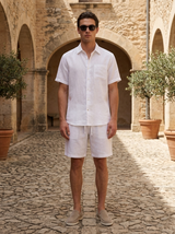 Men's White Linen Short Sleeve Shirt and Shorts Set