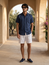 Men's Navy and White Linen Short Sleeve Set