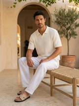 Men's Cream Ribbed Knit Polo Shirt