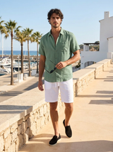 Men's Green and White Linen Short Sleeve Set