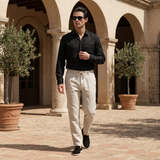 Men's Black Linen Shirt and Pants Set - Button-Up