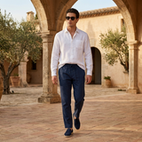 Men's White and Navy Linen Long Sleeve Set