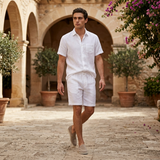 Men's White Linen Short Sleeve Shirt and Shorts Set