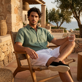 Men's Green and White Linen Short Sleeve Set