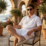 Men's White Linen Short Sleeve Shirt and Shorts Set