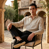 Men's Beige and Black Linen Long Sleeve Set