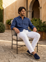 Men's Navy and White Linen Long Sleeve Set