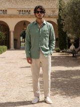 Men's Green and White Linen Long Sleeve Set