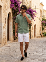 Men's Green and White Linen Short Sleeve Set