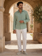 Men's Mint Green and White Linen Long Sleeve Set