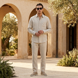 Men's Beige Linen Long Sleeve Shirt and Pants Set