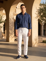 Men's Navy and White Linen Long Sleeve Set