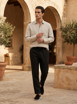 Men's Beige and Black Linen Long Sleeve Set