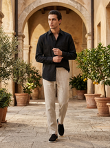 Men's Black Linen Shirt and Pants Set - Button-Up