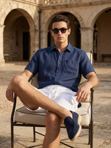 Men's White and Navy Linen Short Sleeve Set