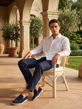 Men's White and Navy Linen Long Sleeve Set