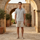 Men's Beige Linen Short Sleeve Shirt and Shorts Set
