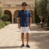 Men's White and Navy Linen Short Sleeve Set