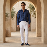 Men's Navy and White Linen Long Sleeve Set