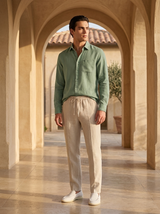 Men's Green and White Linen Long Sleeve Set