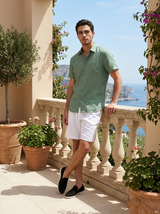 Men's Green and White Linen Short Sleeve Set