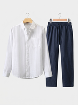 Men's White and Navy Linen Long Sleeve Set