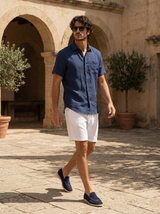 Men's Navy and White Linen Short Sleeve Set