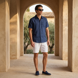 Men's White and Navy Linen Short Sleeve Set