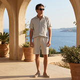 Men's Beige Linen Short Sleeve Shirt and Shorts Set