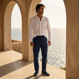 Men's White and Navy Linen Long Sleeve Set