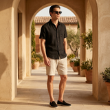 Men's Black and Beige Linen Short Sleeve Set