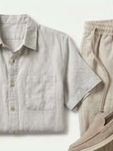Men's Beige Linen Short Sleeve Shirt and Shorts Set