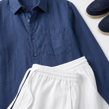 Men's Navy and White Linen Long Sleeve Set
