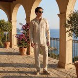 Men's Beige Linen Long Sleeve Shirt and Pants Set
