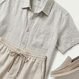 Men's Beige Linen Short Sleeve Shirt and Shorts Set