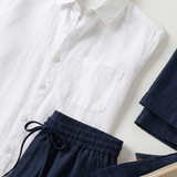 Men's White and Navy Linen Long Sleeve Set