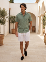 Men's Green and White Linen Short Sleeve Set