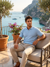 Men's Textured Blue Knit Polo Shirt
