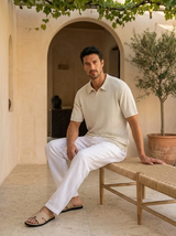 Men's Cream Ribbed Knit Polo Shirt
